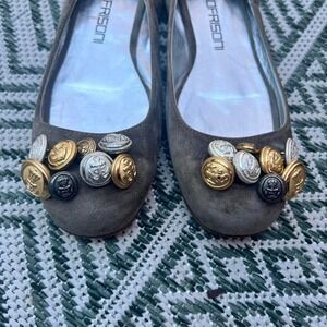 Bruno Frisoni Y2K grey suede ballet flats w/ gold silver button detail- 37.5